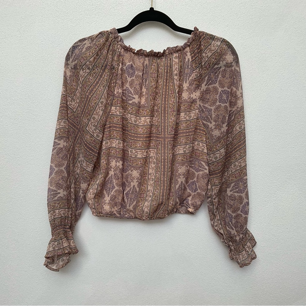American Eagle Boho Patterned Smock Sleeve Long Sleeve Crop Top Size Small - Picture 5 of 5